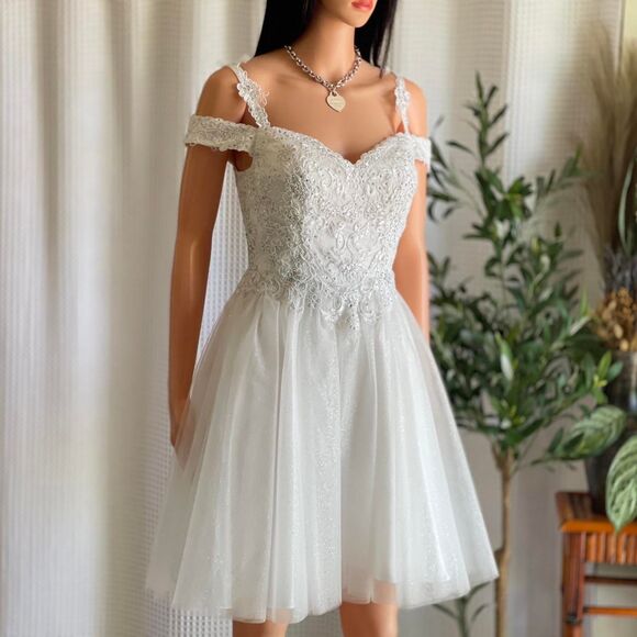 Cinderella Divine Off-Shoulder White Corset Mini Dress Sparkle Tulle Appliqué XS - Picture 1 of 8